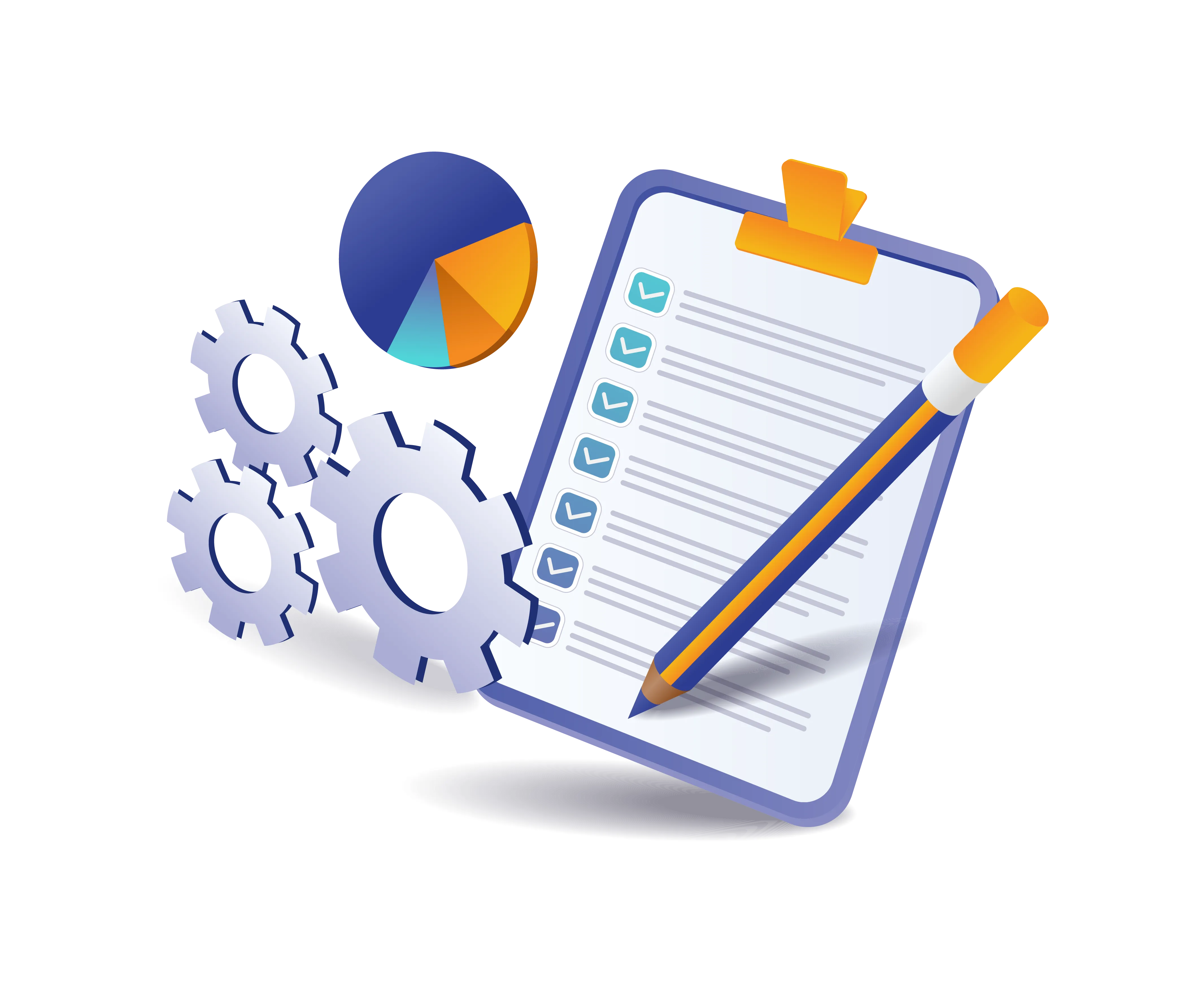 A taskboard with checked-off to-do icons and gears.